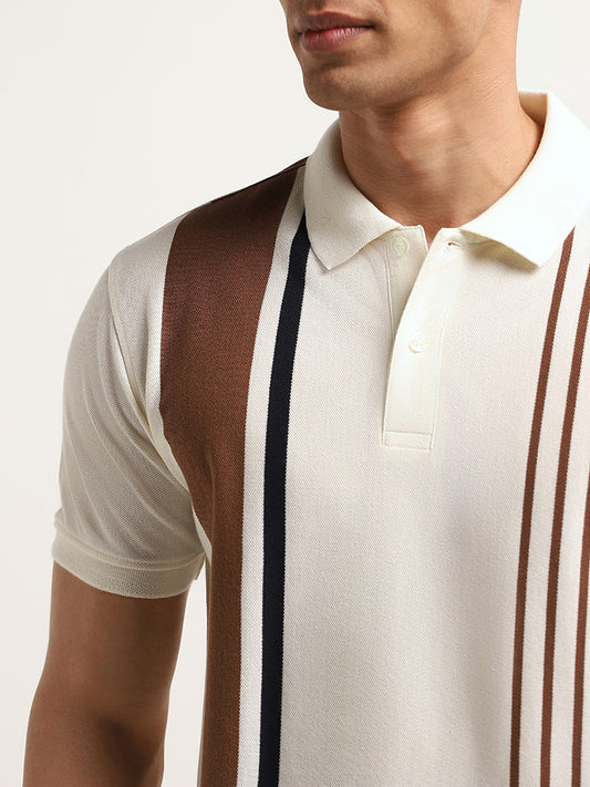 WES Casuals Cream Striped Slim Fit Polo T-Shirt