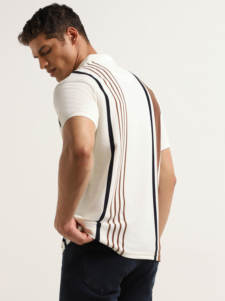 WES Casuals Cream Striped Slim Fit Polo T-Shirt