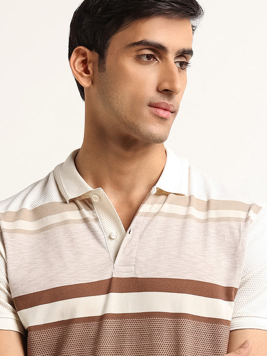 WES Casuals Beige Colour Blocked Slim Fit Polo T-Shirt