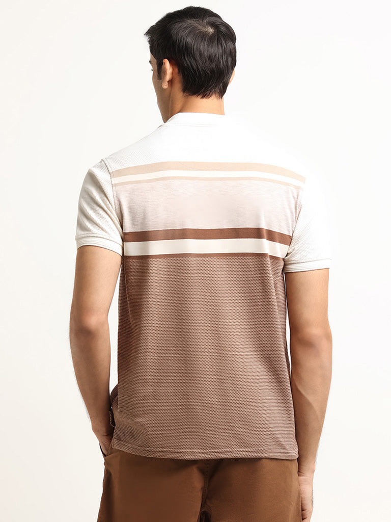 WES Casuals Beige Colour Blocked Cotton Blend Slim Fit Polo T-Shirt