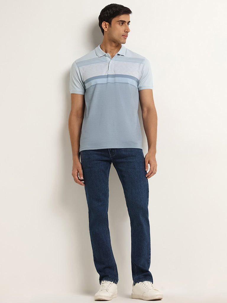 WES Casuals Light Blue Colour Blocked Cotton Blend Slim Fit Polo T-Shirt