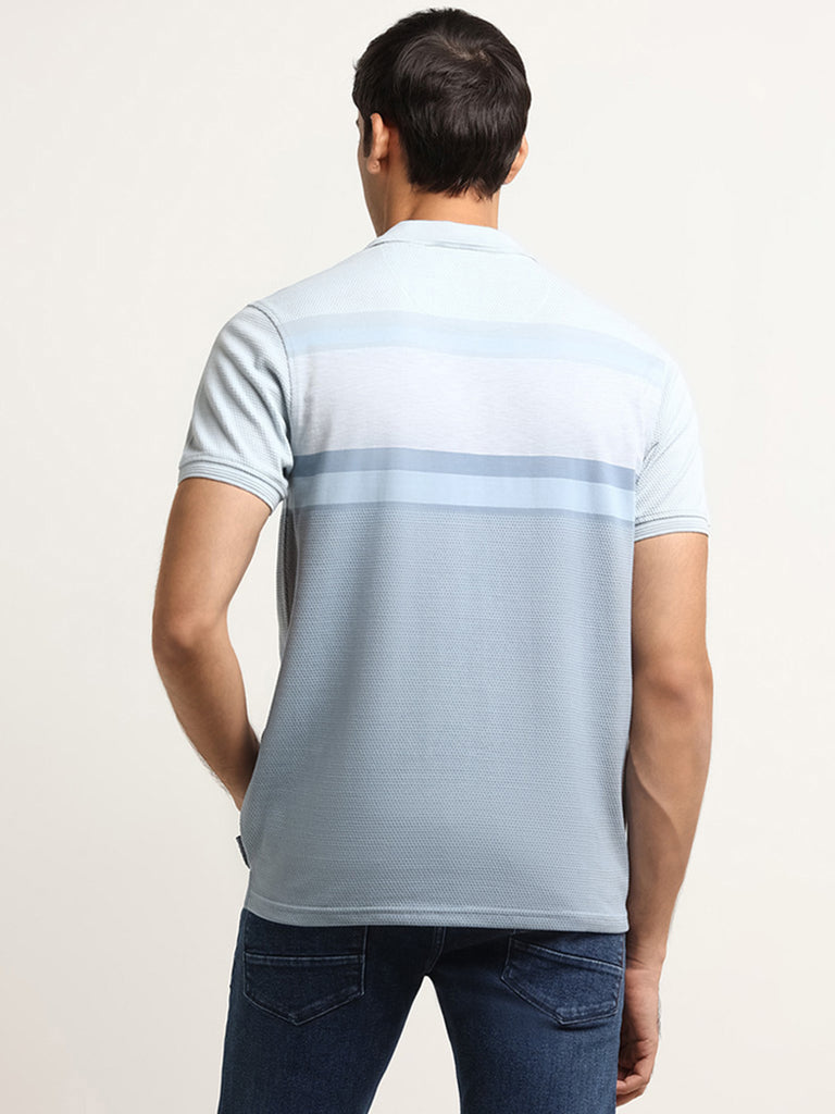 WES Casuals Light Blue Colour Blocked Cotton Blend Slim Fit Polo T-Shirt