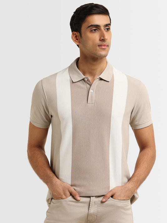 WES Casuals Beige Striped Polo Cotton Blend Slim Fit T-Shirt