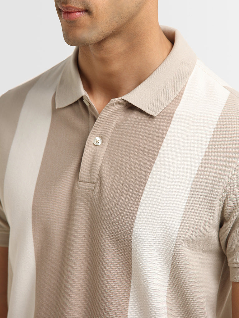 WES Casuals Beige Striped Polo Slim Fit T-Shirt