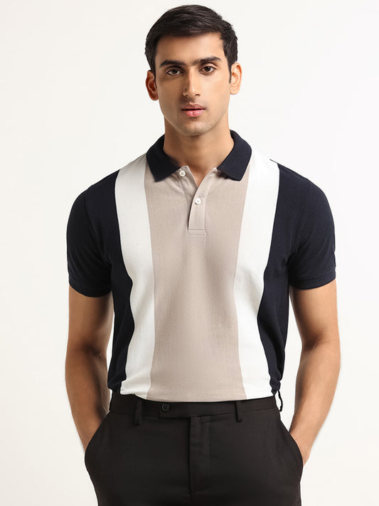 WES Casuals Multicolour Colour-Block Cotton Blend Slim Fit Polo T-Shirt