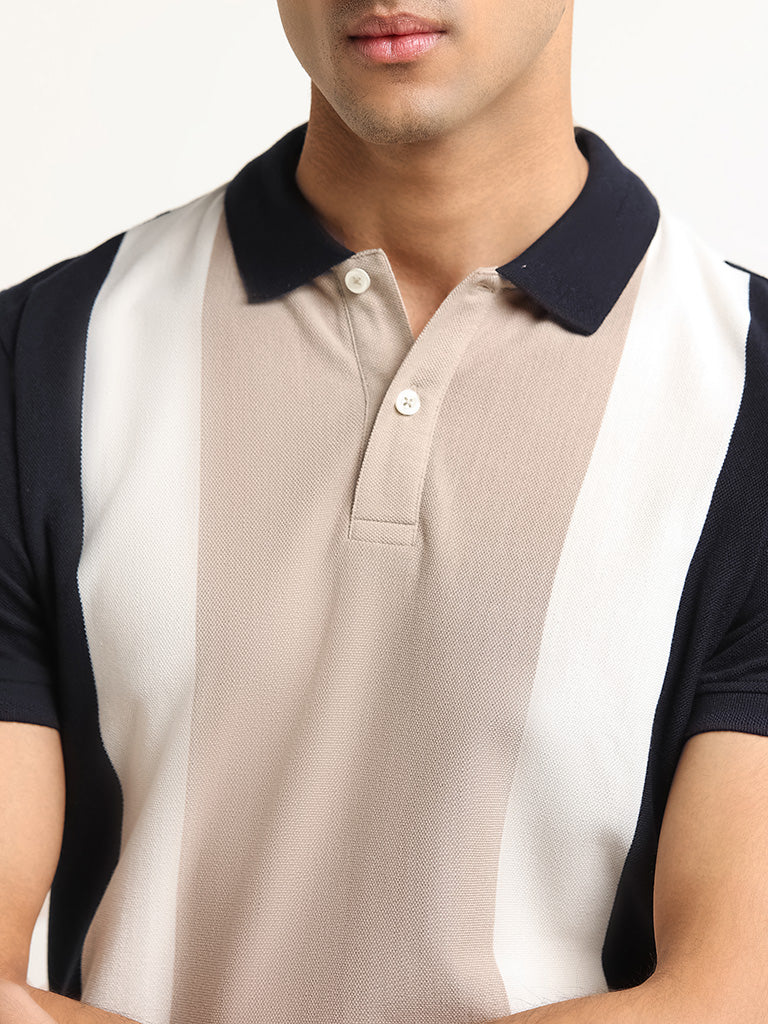 WES Casuals Multicolour Colour-Block Slim Fit Polo T-Shirt