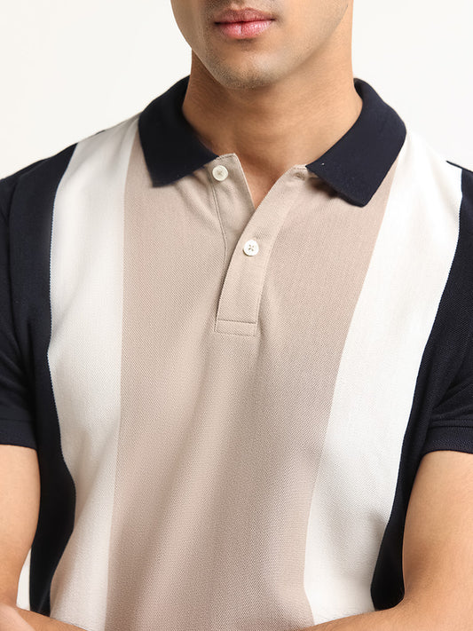 WES Casuals Multicolour Colour-Block Cotton Blend Slim Fit Polo T-Shirt