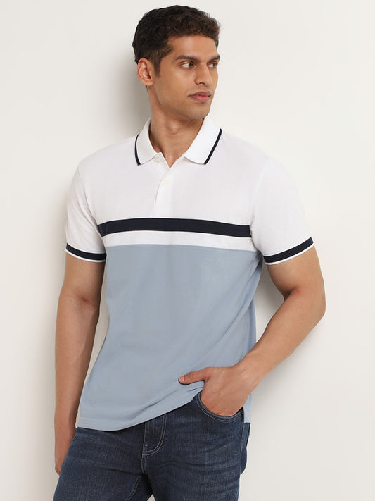 WES Casuals Light Blue Colour-Block Cotton Blend Slim Fit Polo T-Shirt