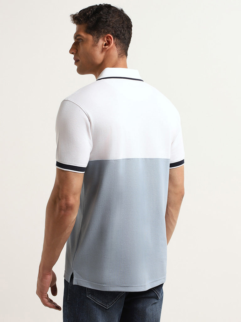 WES Casuals Light Blue Colour-Block Cotton Blend Slim Fit Polo T-Shirt