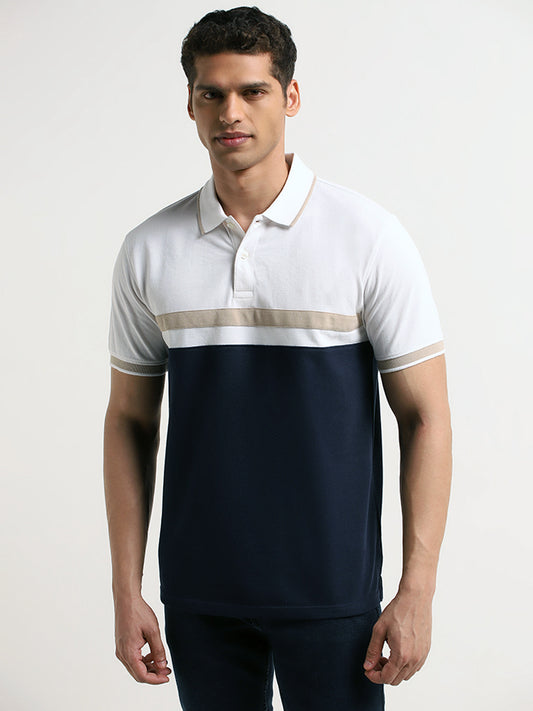 WES Casuals Navy Colour-Block Cotton Blend Slim Fit Polo T-Shirt