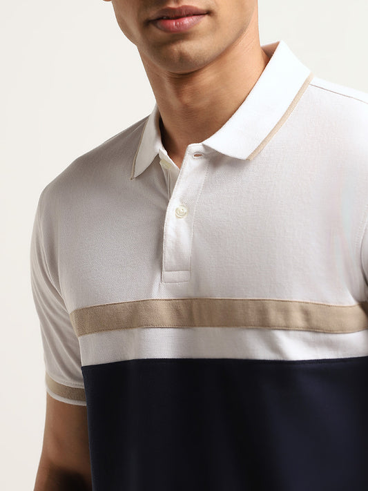 WES Casuals Navy Colour-Block Cotton Blend Slim Fit Polo T-Shirt
