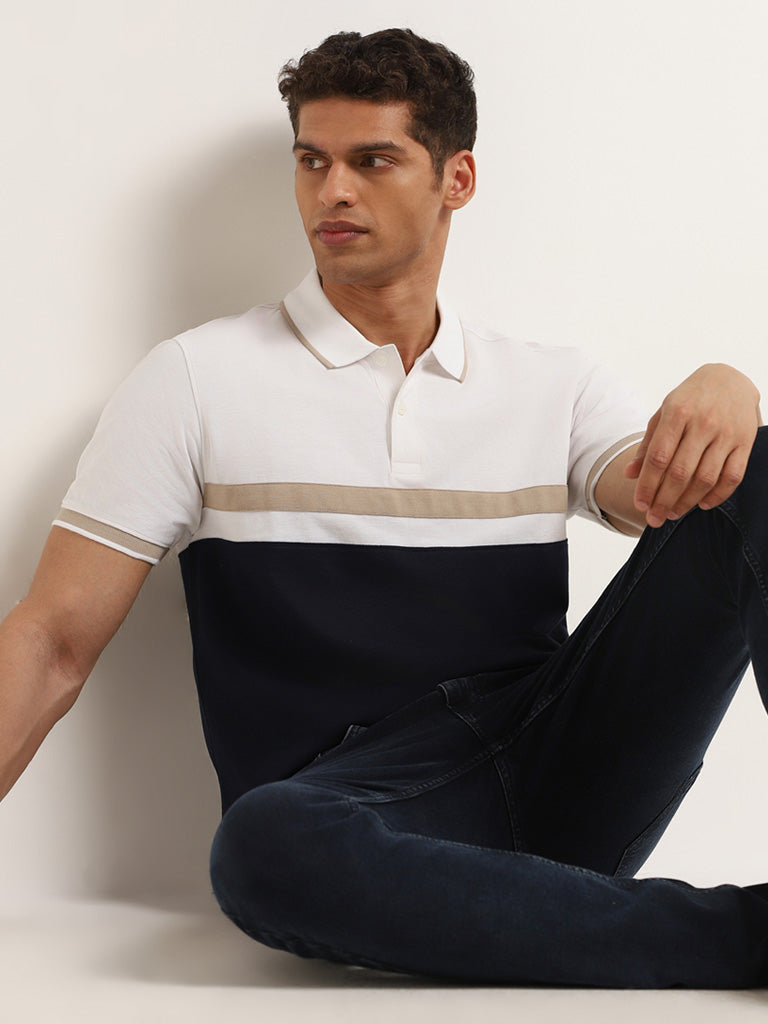 WES Casuals Navy Colour-Block Slim Fit Polo T-Shirt