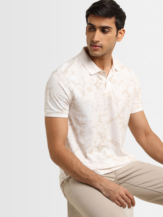 WES Casuals Light Beige Floral Printed Polo Cotton Blend Slim Fit T-Shirt