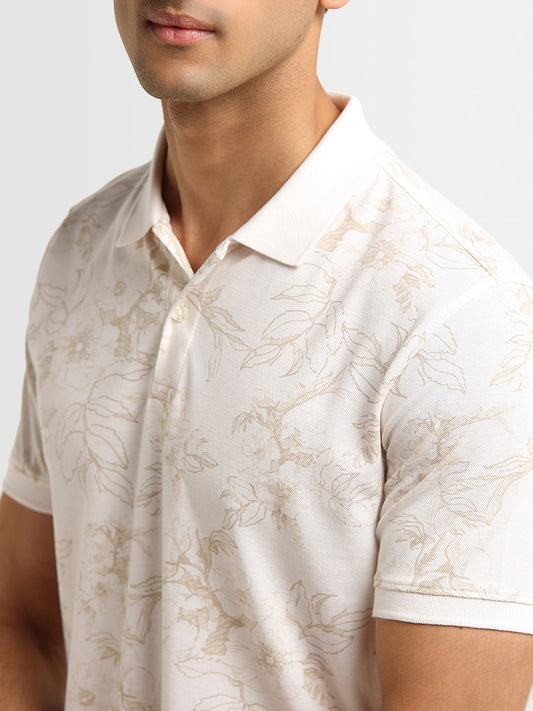 WES Casuals Light Beige Floral Printed Polo Slim Fit T-Shirt