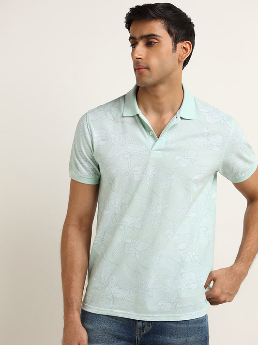 WES Casuals Mint Floral Printed Cotton Blend Slim Fit Polo T-Shirt