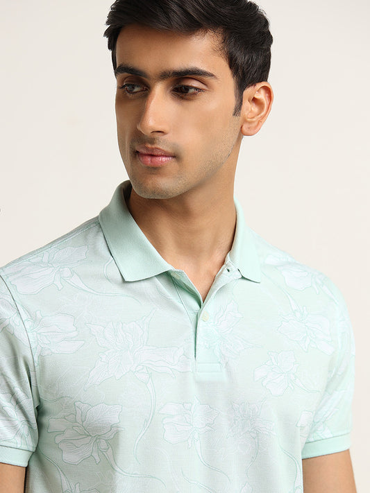 WES Casuals Mint Floral Printed Cotton Blend Slim Fit Polo T-Shirt