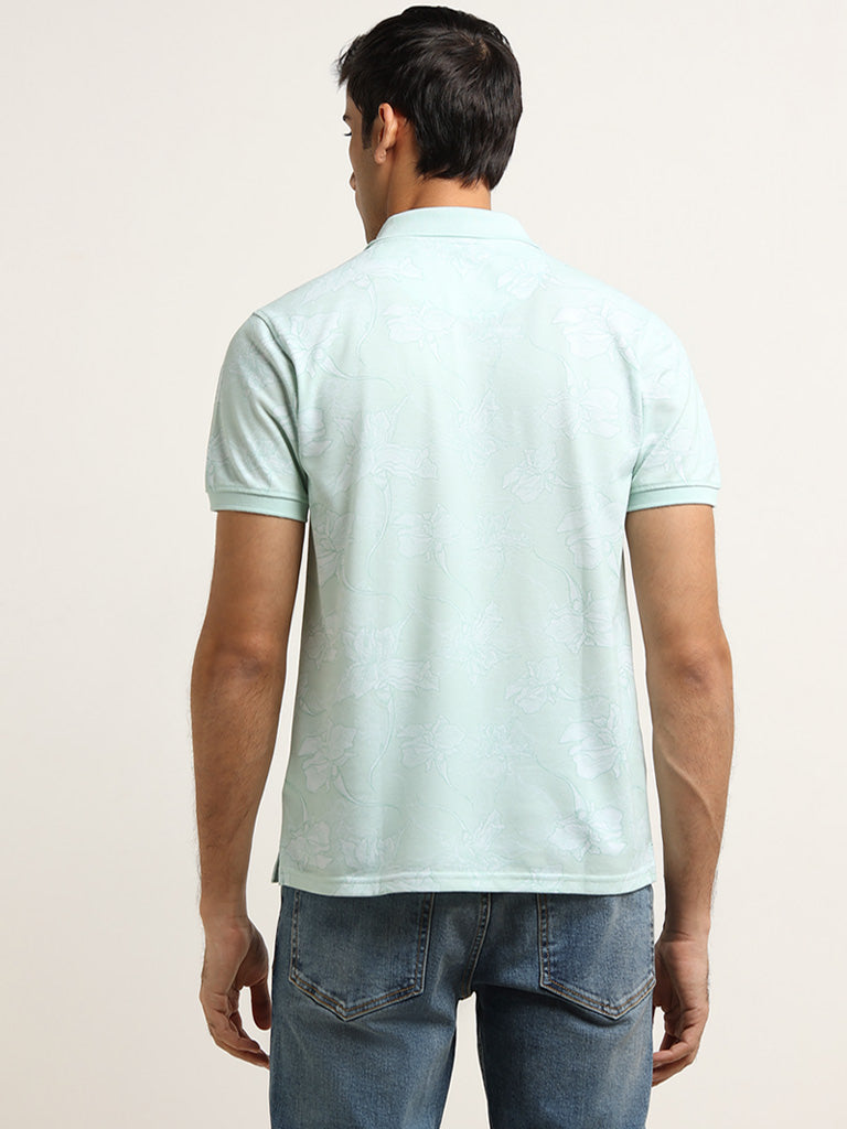WES Casuals Mint Floral Printed Slim Fit Polo T-Shirt