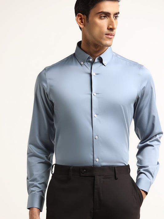 WES Formals Dusty Blue Solid Slim Fit Shirt