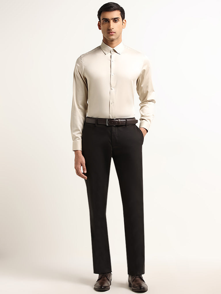 WES Formals Beige Solid Slim Fit Shirt