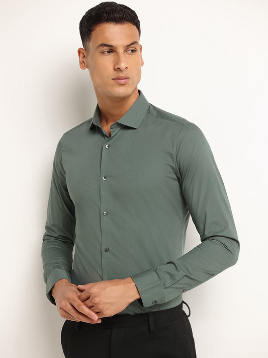 WES Formals Green Solid Ultra Slim Fit Shirt