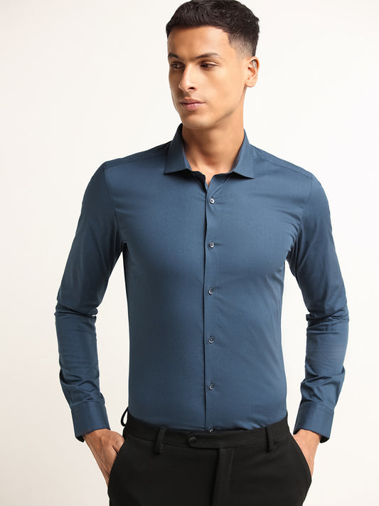WES Formals Teal Solid Cotton Blend Ultra Slim Fit Shirt