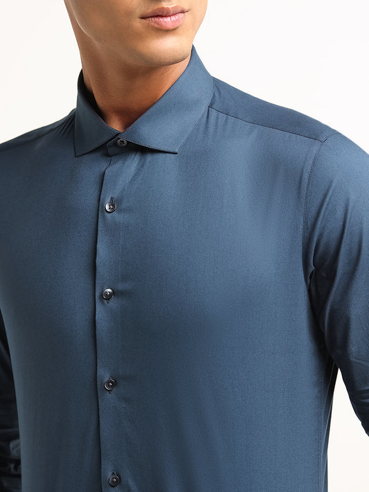 WES Formals Teal Solid Cotton Blend Ultra Slim Fit Shirt
