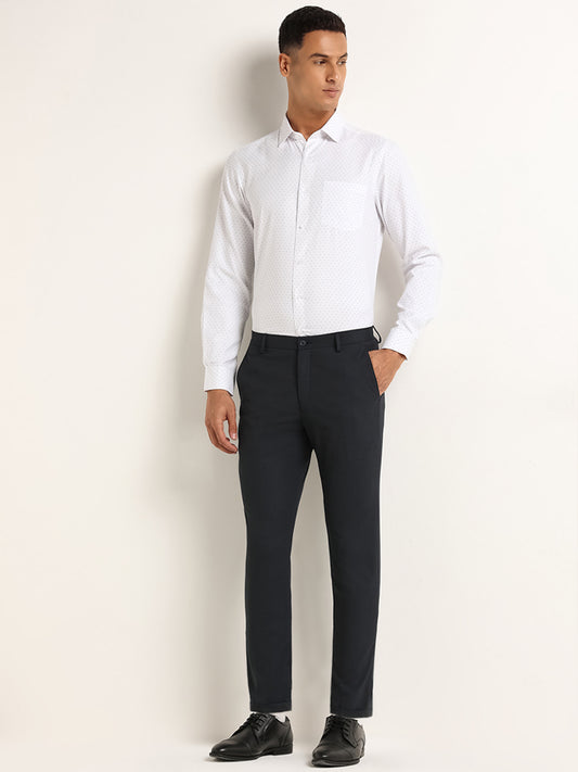 WES Formals Navy Mid Rise Carrot Fit Trousers