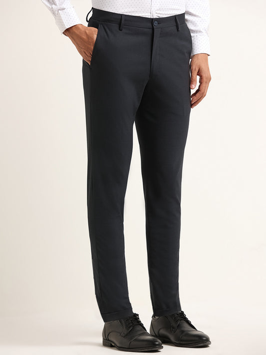 WES Formals Navy Mid Rise Carrot Fit Trousers