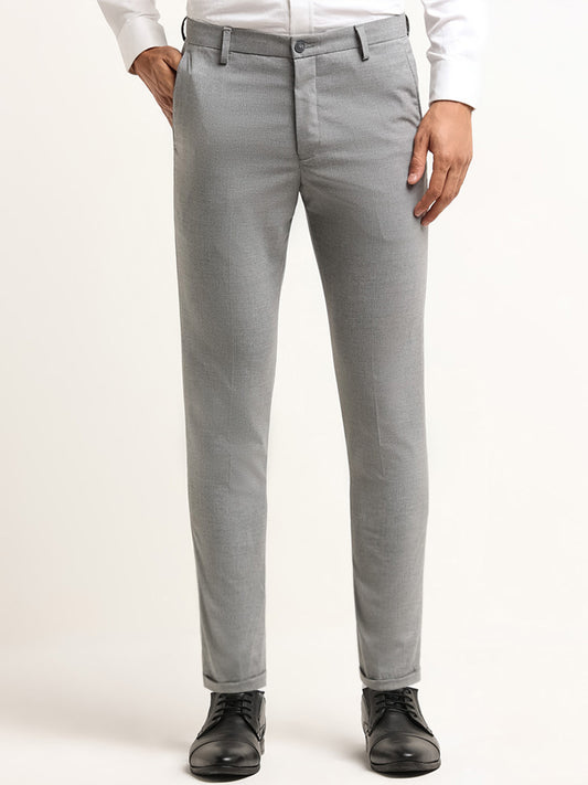 WES Formals Grey Mid Rise Carrot Fit Striped Trousers
