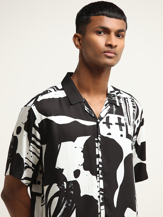 Nuon Black Abstract Print Cotton Relaxed Fit Shirt