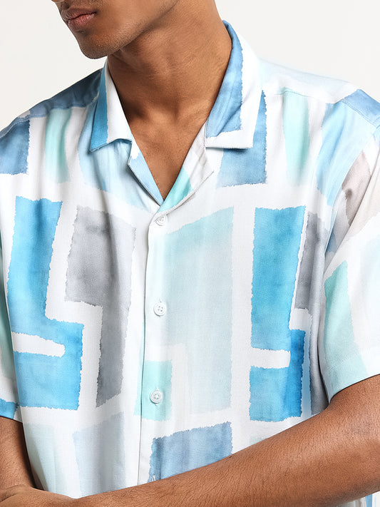 Nuon Blue Block-Print Relaxed Fit Shirt