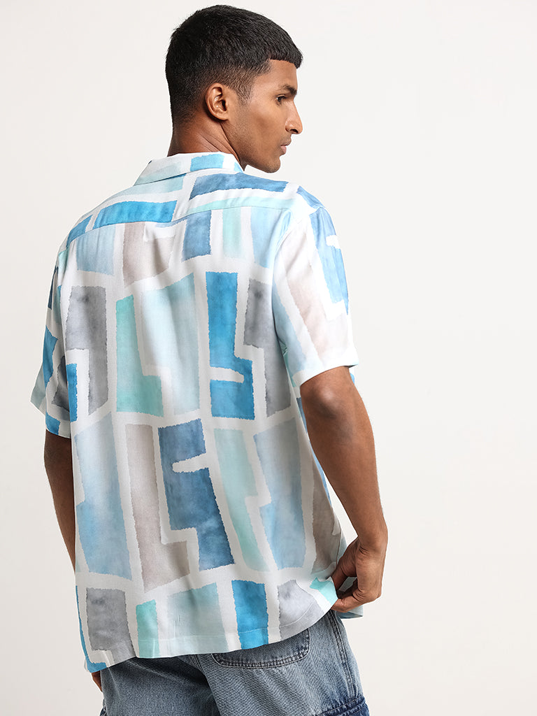 Nuon Blue Block-Print Relaxed Fit Shirt