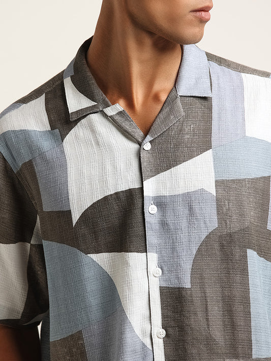 Nuon Blue Printed Relaxed Fit Blended Linen Shirt