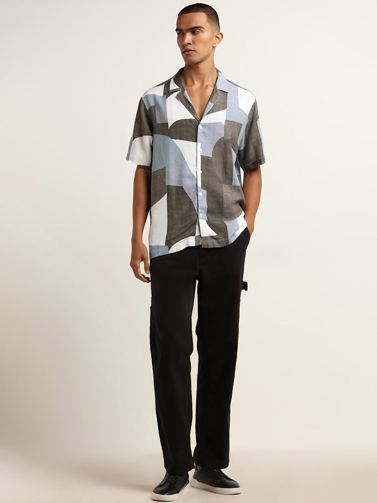 Nuon Blue Printed Relaxed Fit Blended Linen Shirt