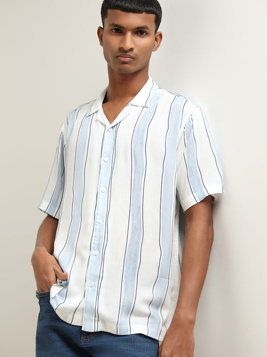 Nuon White Striped Printed Relaxed Fit Shirt