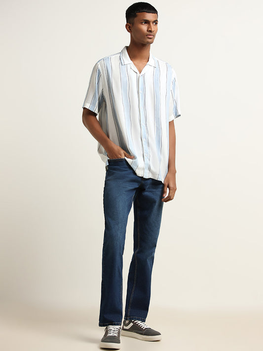 Nuon White Striped Printed Relaxed Fit Shirt