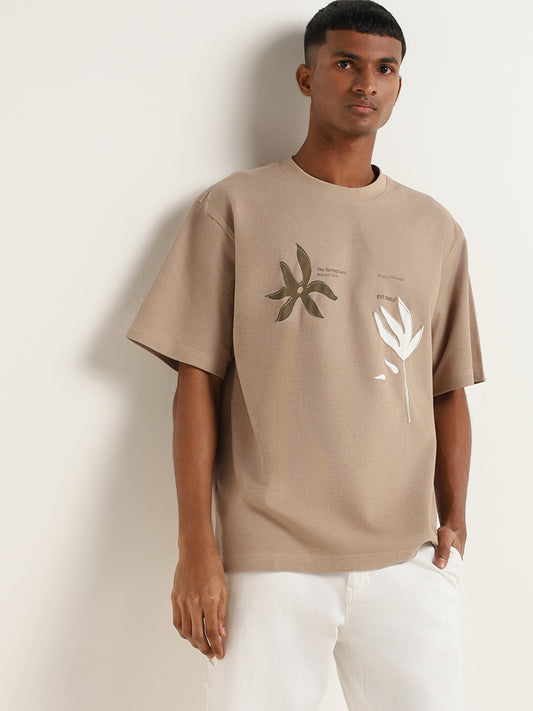 Nuon Beige Printed Cotton Relaxed Fit T-Shirt