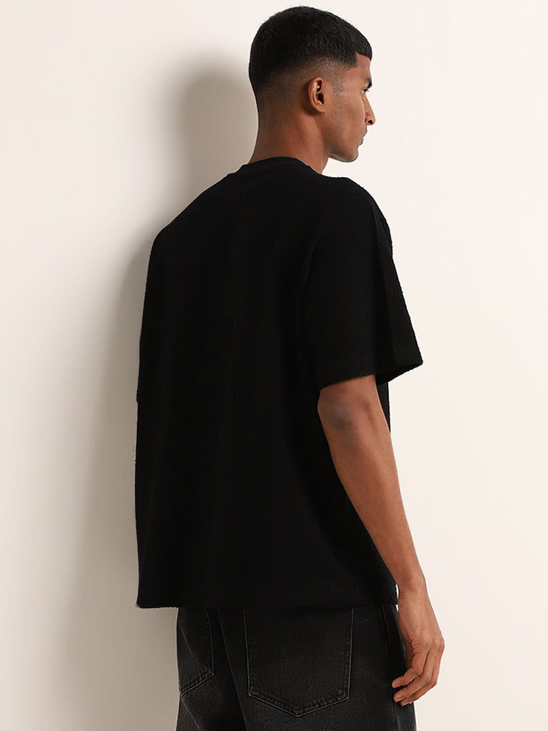 Nuon Black Self-Textured Cotton Relaxed Fit T-Shirt