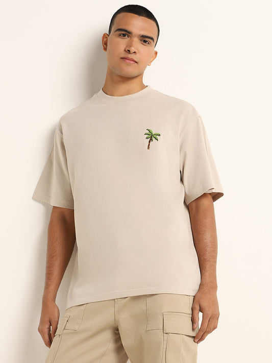 Nuon Beige Embroidered Relaxed Fit T-Shirt