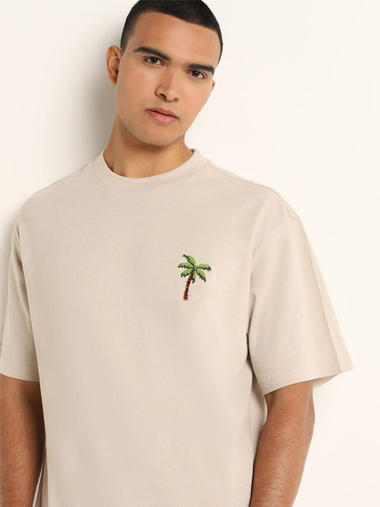 Nuon Beige Embroidered Relaxed Fit T-Shirt