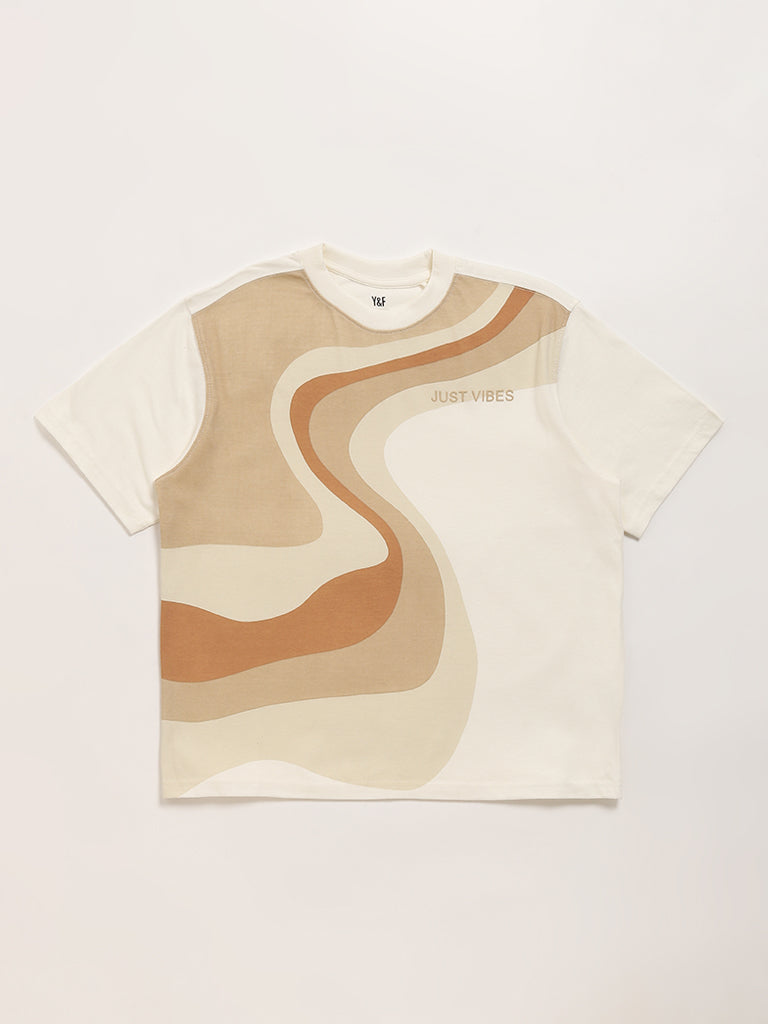 Y&F Kids Beige Printed T-Shirt