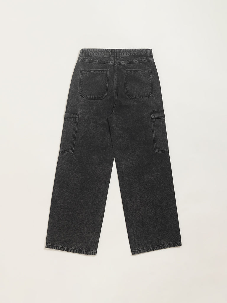 Y&F Kids Faded Black Mid Rise Cargo Jeans