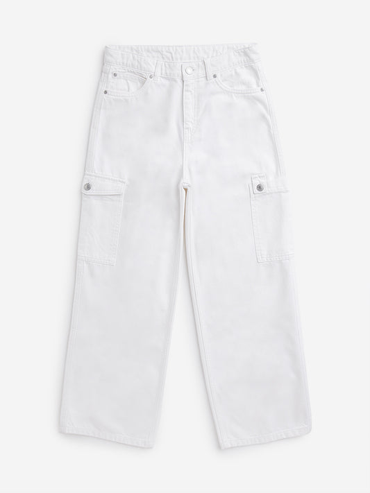 Y&F Kids Off-White Cargo-Style Mid Rise Jeans