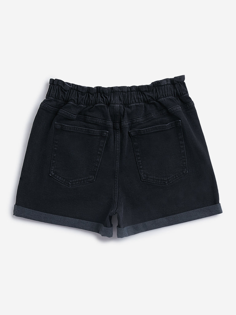 Y&F Kids Black Paperbag-Waist Denim Shorts