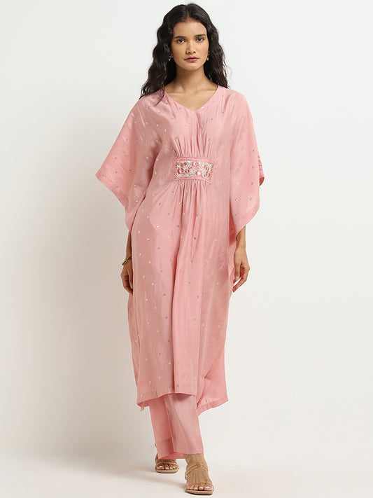 Vark Pink Floral Embroidered Kaftan and Mid-Rise Ethnic Pants Set