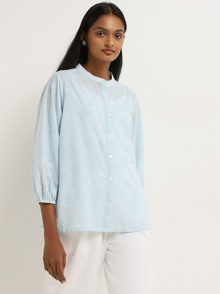 Utsa Light Blue Schiffli Design Cotton Straight Tunic