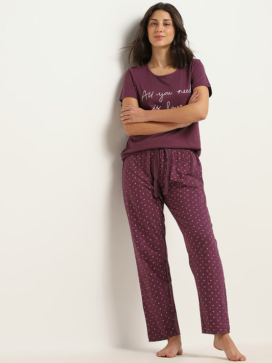 Wunderlove Purple Printed T-Shirt & Pyjamas Set
