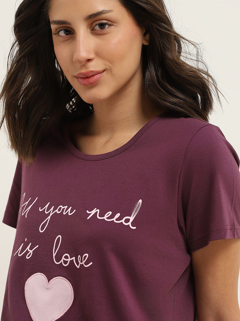 Wunderlove Purple Printed Cotton T-Shirt and Pyjamas Set