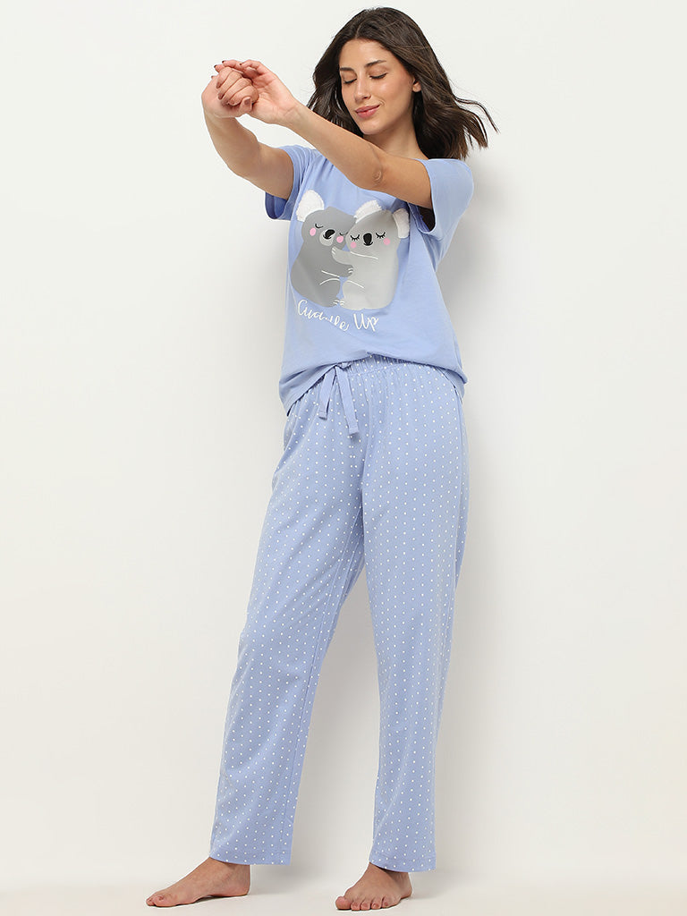 Wunderlove Blue T-Shirt & Polka Dots Pyjamas Set