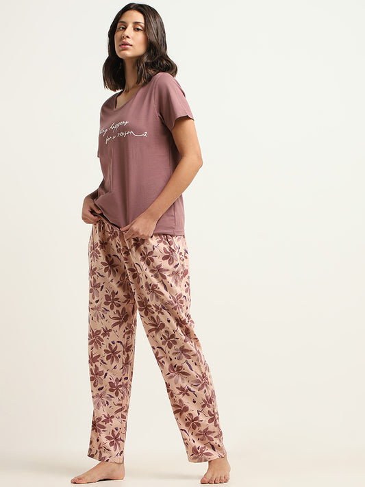 Wunderlove Brown Floral Cotton Pyjamas